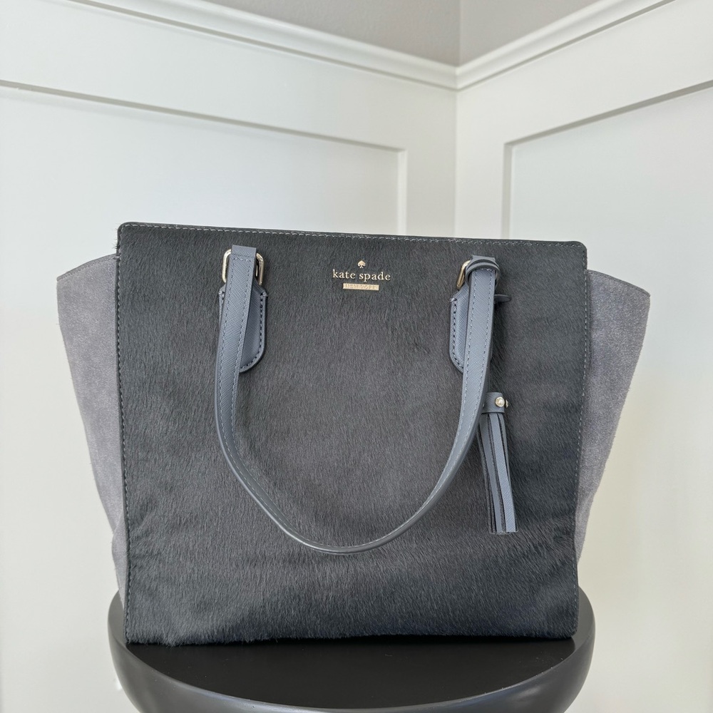 Kate Spade Laurel Way Hadlee Leather with Calf Hair Tote Satchel Gray - Picture 3 of 15
